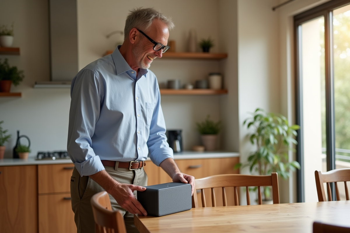 Homme posant une enceinte compacte dans la salle à manger lumineuse