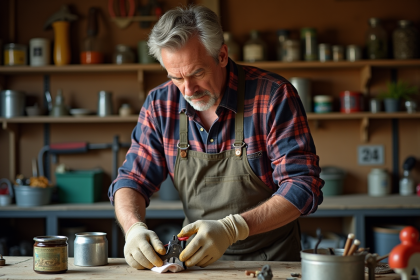 Homme d'âge moyen nettoyant un sécateur à la main