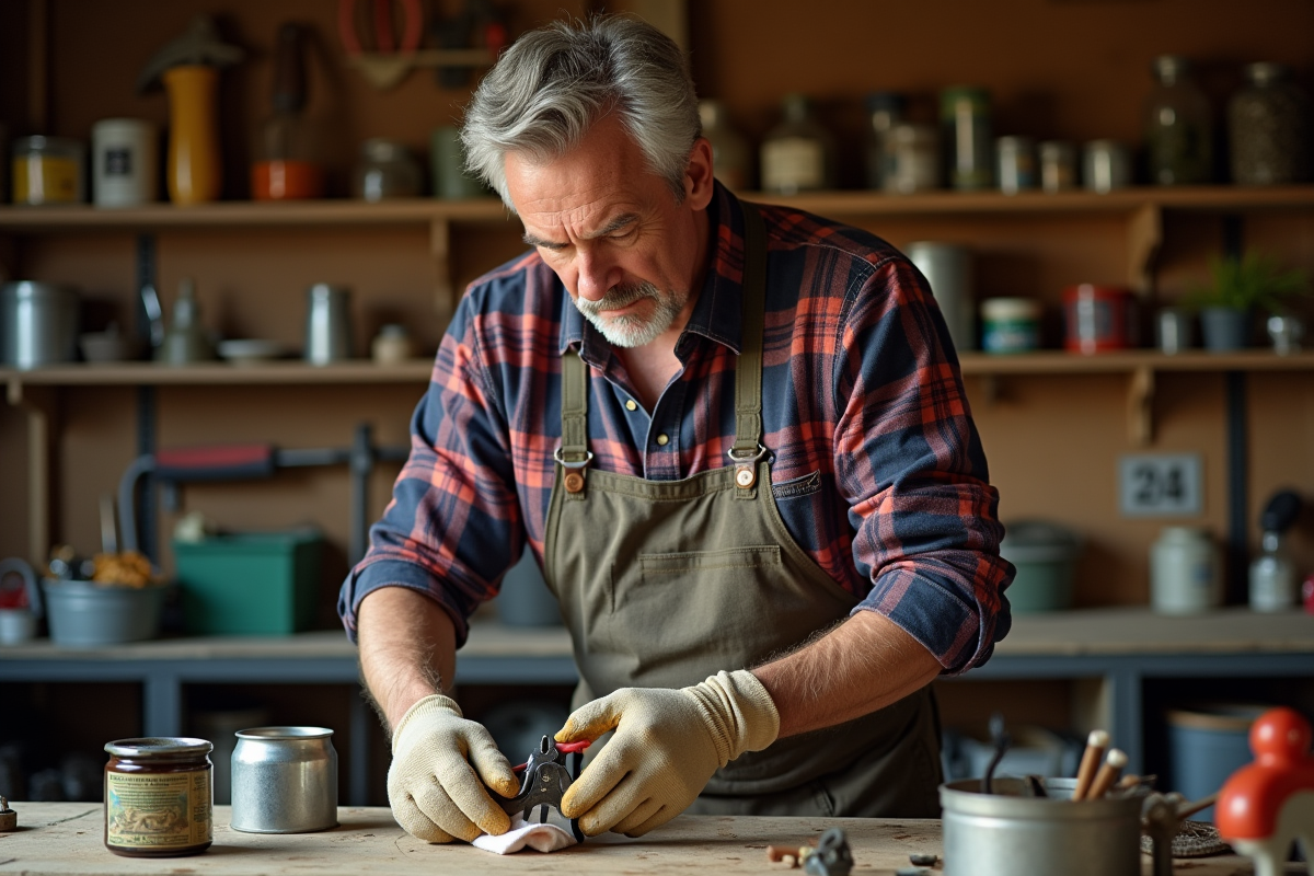 Homme d'âge moyen nettoyant un sécateur à la main
