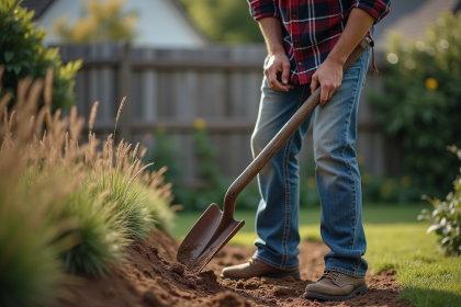 Homme en jeans et flanelle dans son jardin