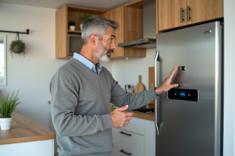 Homme d'âge moyen dans une cuisine moderne examine un chauffe-eau
