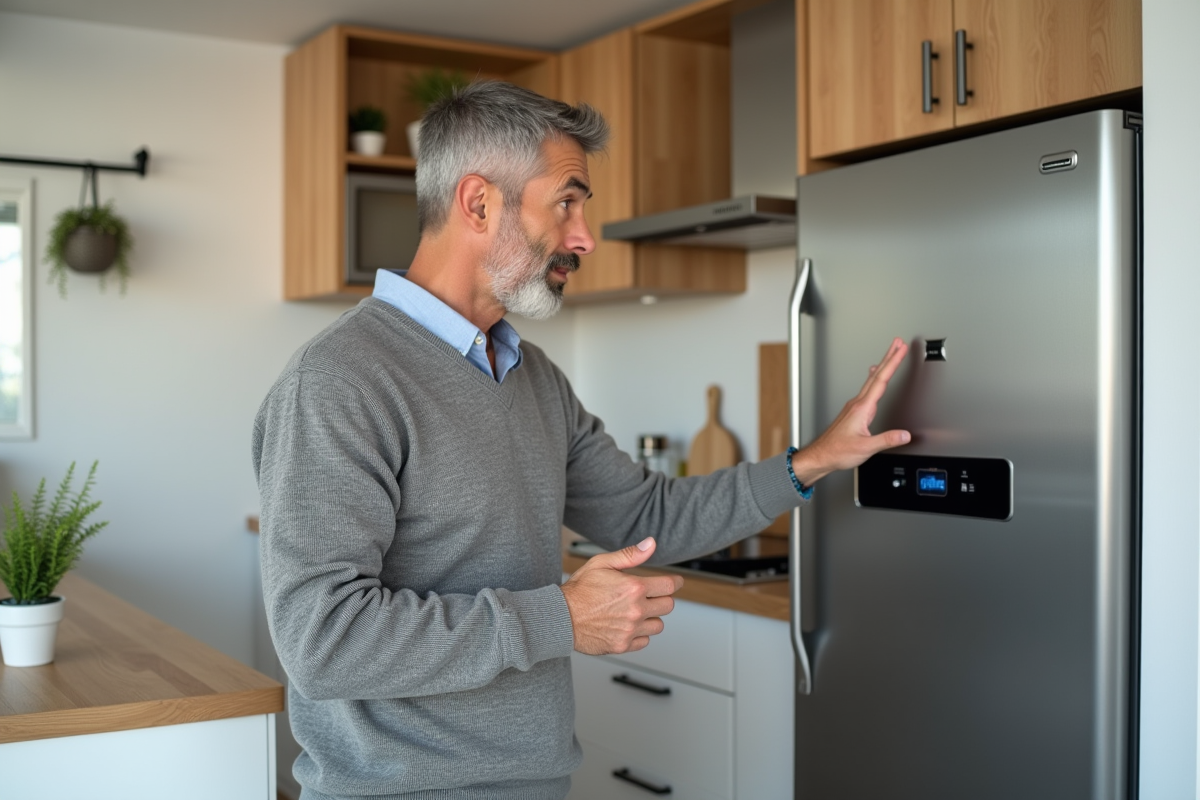Homme d'âge moyen dans une cuisine moderne examine un chauffe-eau