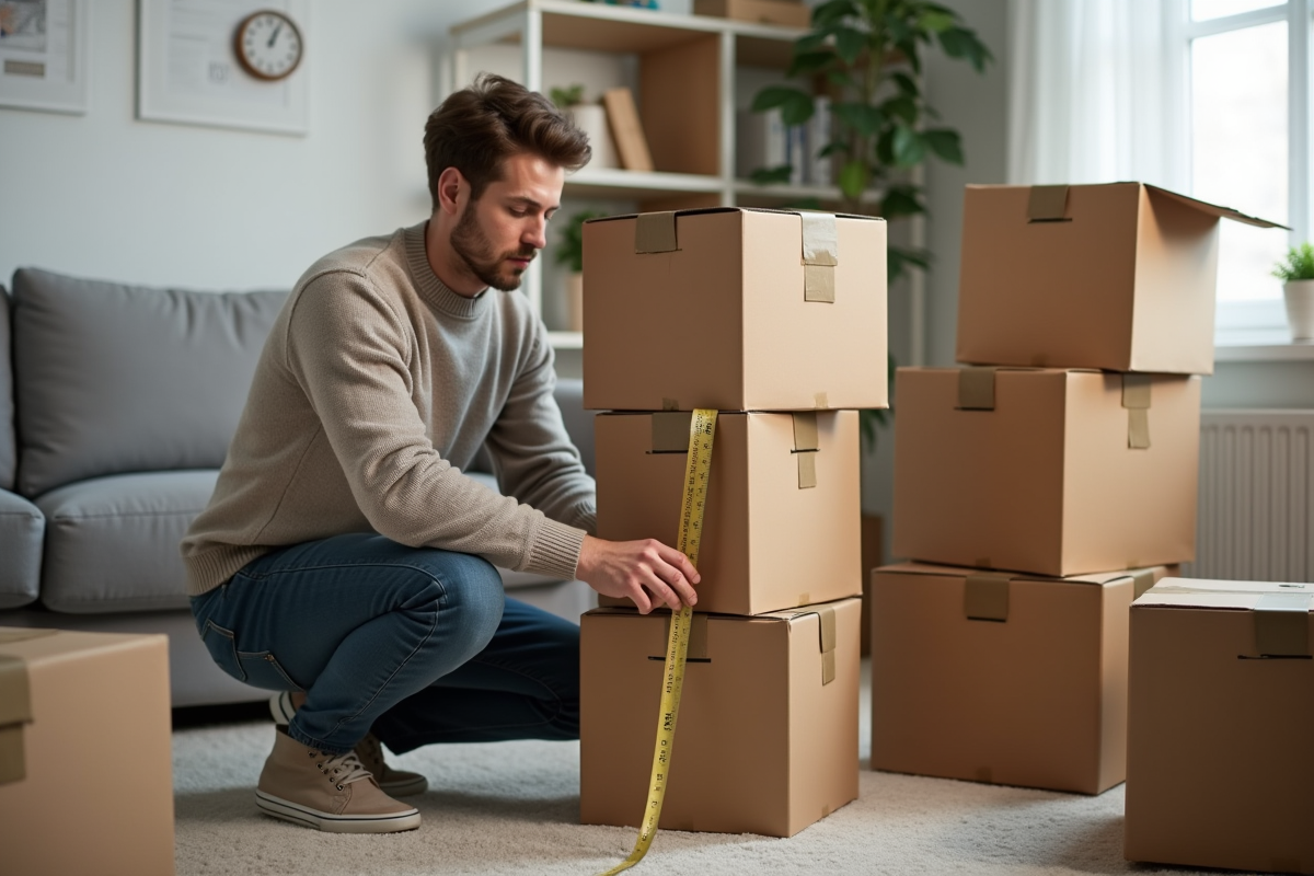 Homme mesurant des cartons de demenagement dans un salon