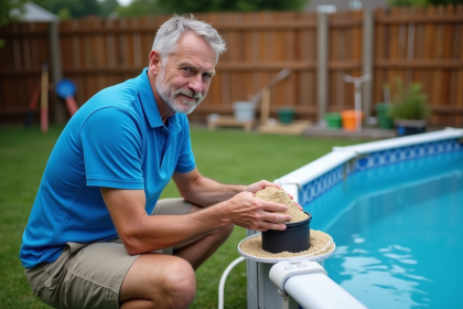 Homme en polo bleu nettoyant une piscine hors sol