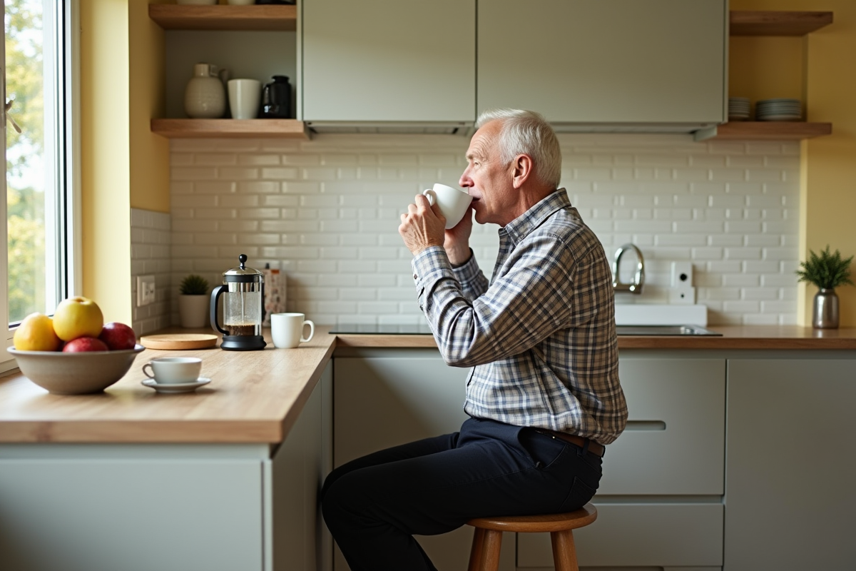 Homme âgé buvant son café dans une petite cuisine