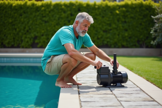 Homme d'âge moyen près de la piscine examinant la pompe
