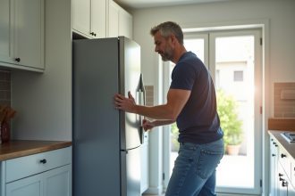 Homme d'âge moyen inclinant un réfrigérateur dans la cuisine lumineuse