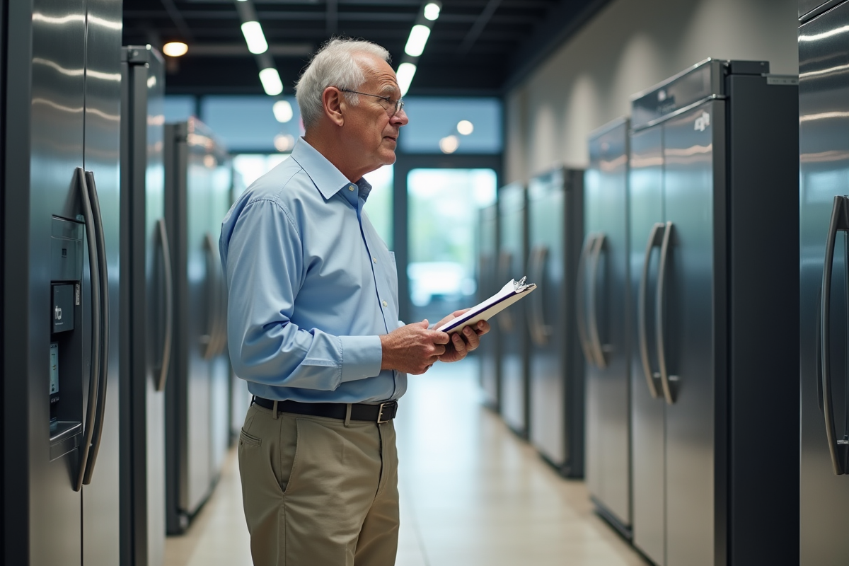 Homme dans un showroom de réfrigérateurs évaluant les modèles