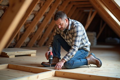 Homme en jeans et bottes travaillant dans un grenier