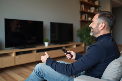 Homme en salon compare deux t&eacute;l&eacute;visions modernes