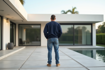 Homme en jeans et sweat sur patio face maison moderne
