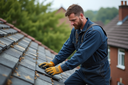Homme en salopette sur le toit avec tuiles en ardoise