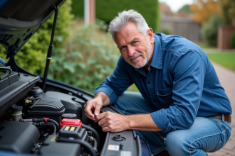 Homme d'âge moyen vérifiant le fusible d'une voiture dehors