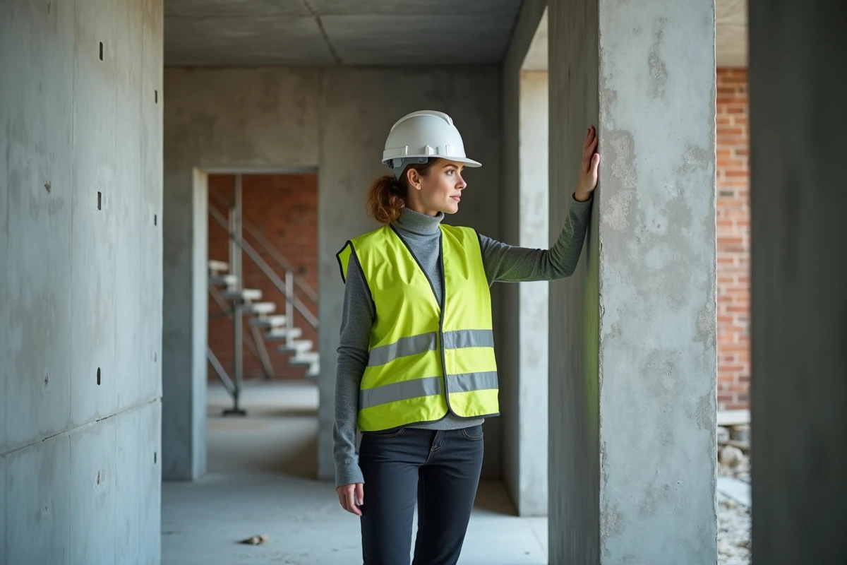 Ingénieure en structure identifiant un mur de refend en béton sur chantier