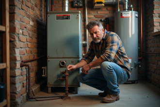 Homme inspectant une vieille chaudiere dans un sous-sol
