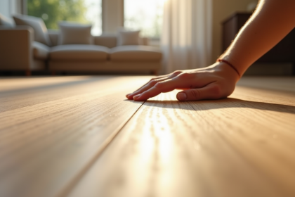 Main inspectant un parquet laminé dans un salon lumineux