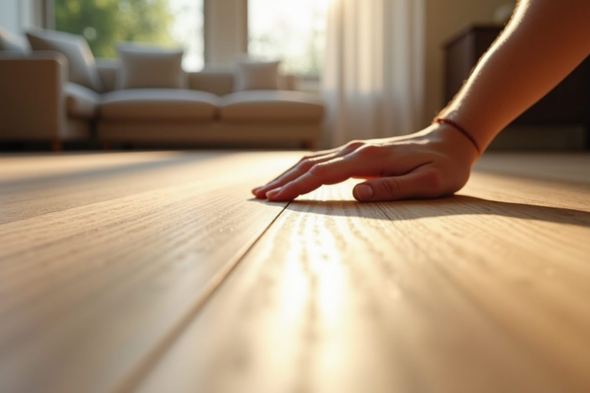 Main inspectant un parquet laminé dans un salon lumineux