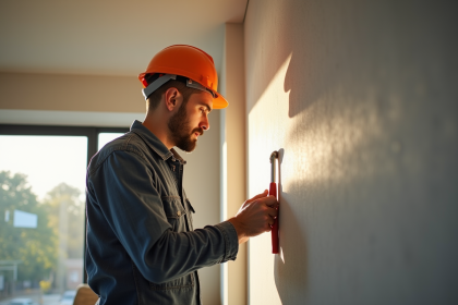 Ingénieur inspectant un mur moderne dans un salon lumineux