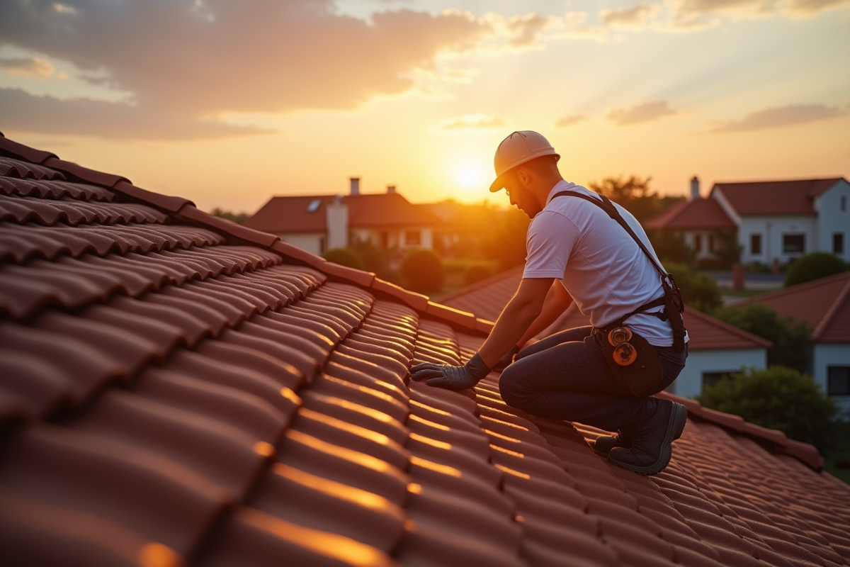 Couvreur inspectant un toit moderne au coucher du soleil