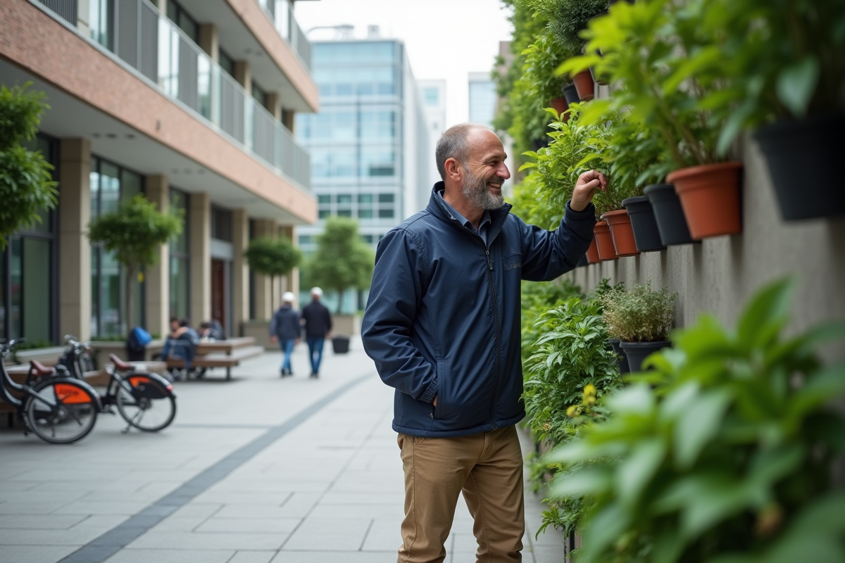 Homme installant un jardin vertical sur un mur urbain