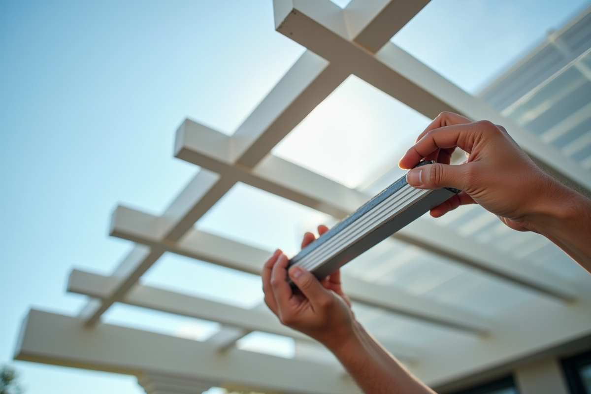 Installation de panneaux polycarbonate sur pergola moderne en extérieur