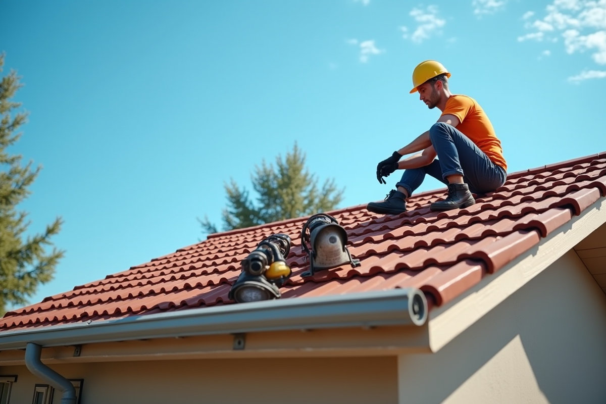 Homme installant des tuiles de toiture seul sur une maison en banlieue