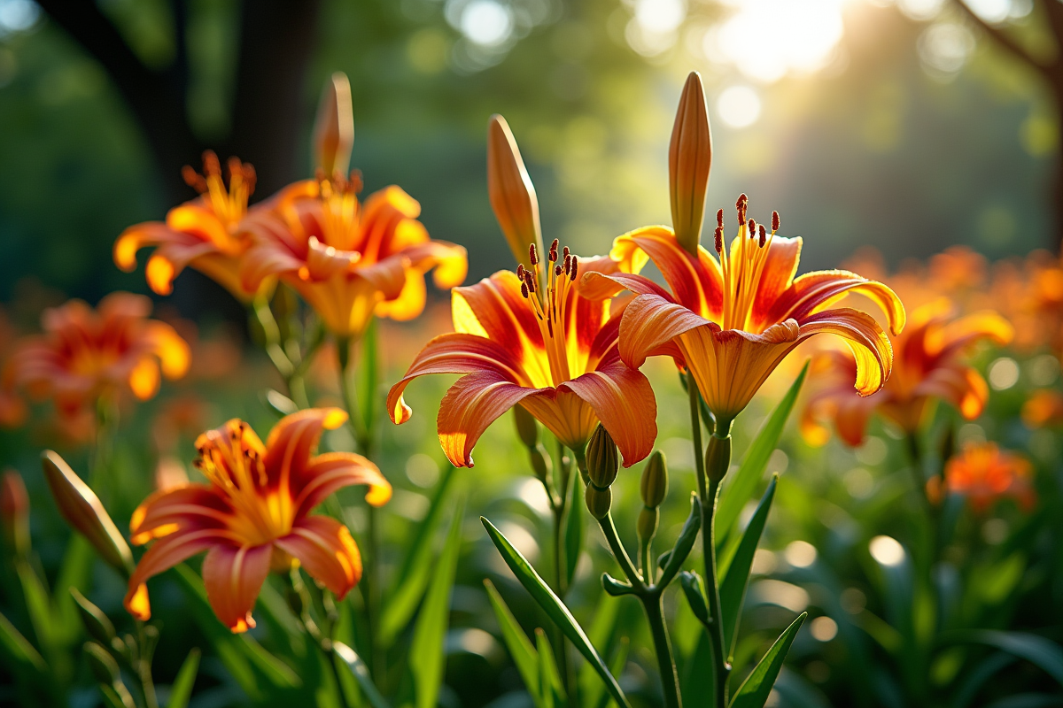 Jardin en été avec hortensias orange et jaune en pleine floraison