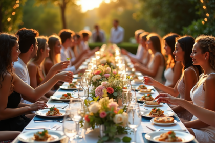 Soirée jardin élégante avec table décorée pour trente personnes