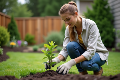 Femme en jardinage plante un arbuste dans un jardin