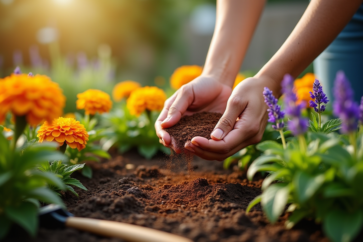 Jardinier étalant du café moulu près de fleurs de souci et lavande