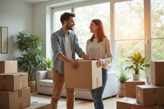 Jeune couple souriant emballant des cartons dans un salon lumineux