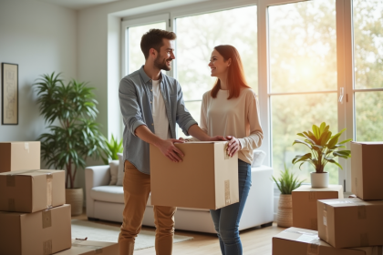 Jeune couple souriant emballant des cartons dans un salon lumineux