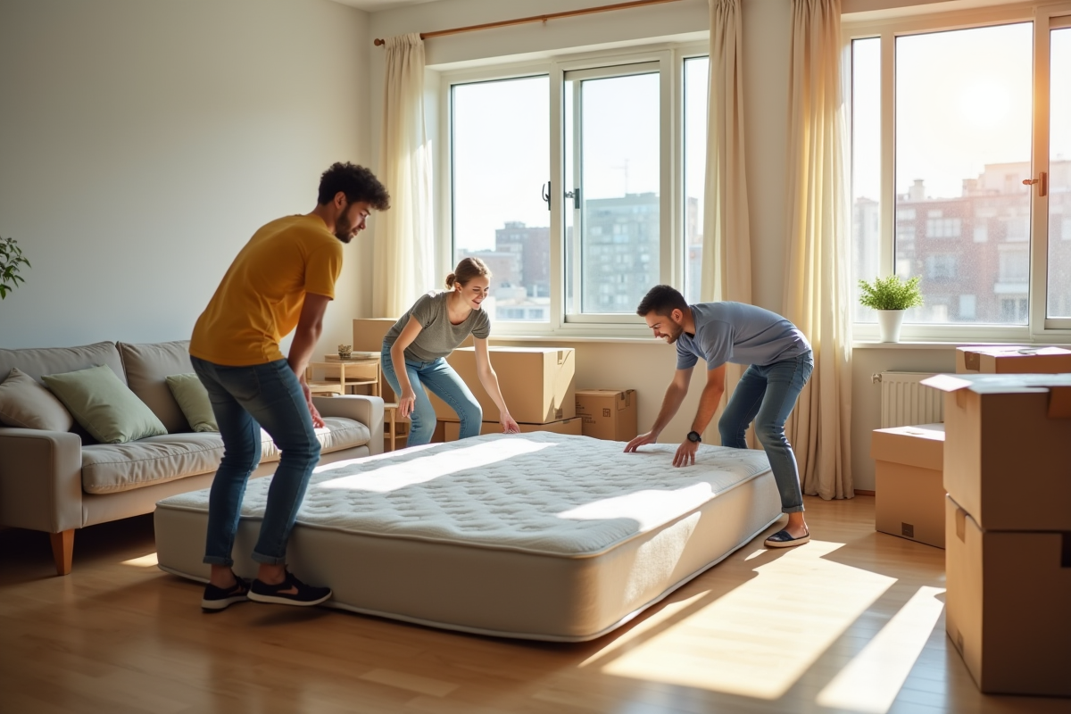 Jeune couple pliant un matelas dans un salon lumineux