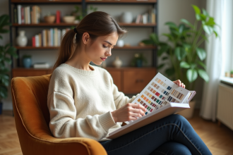 Jeune femme lisant un nuancier dans un salon lumineux