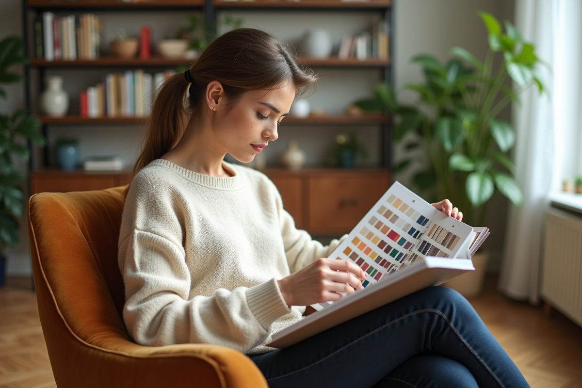 Jeune femme lisant un nuancier dans un salon lumineux