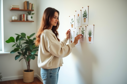 Jeune femme arrangeant des decals botaniques sur un mur blanc