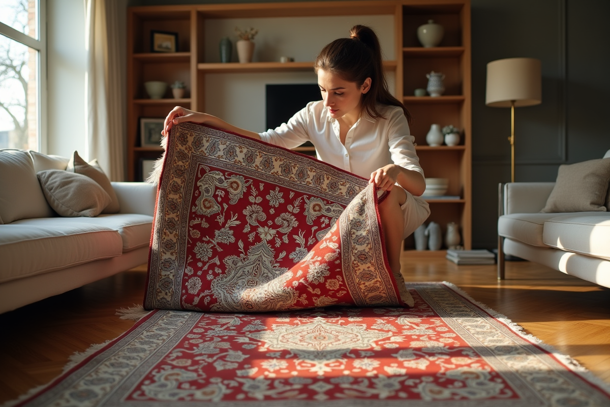 Jeune femme inspectant le dessous d un tapis oriental dans un salon