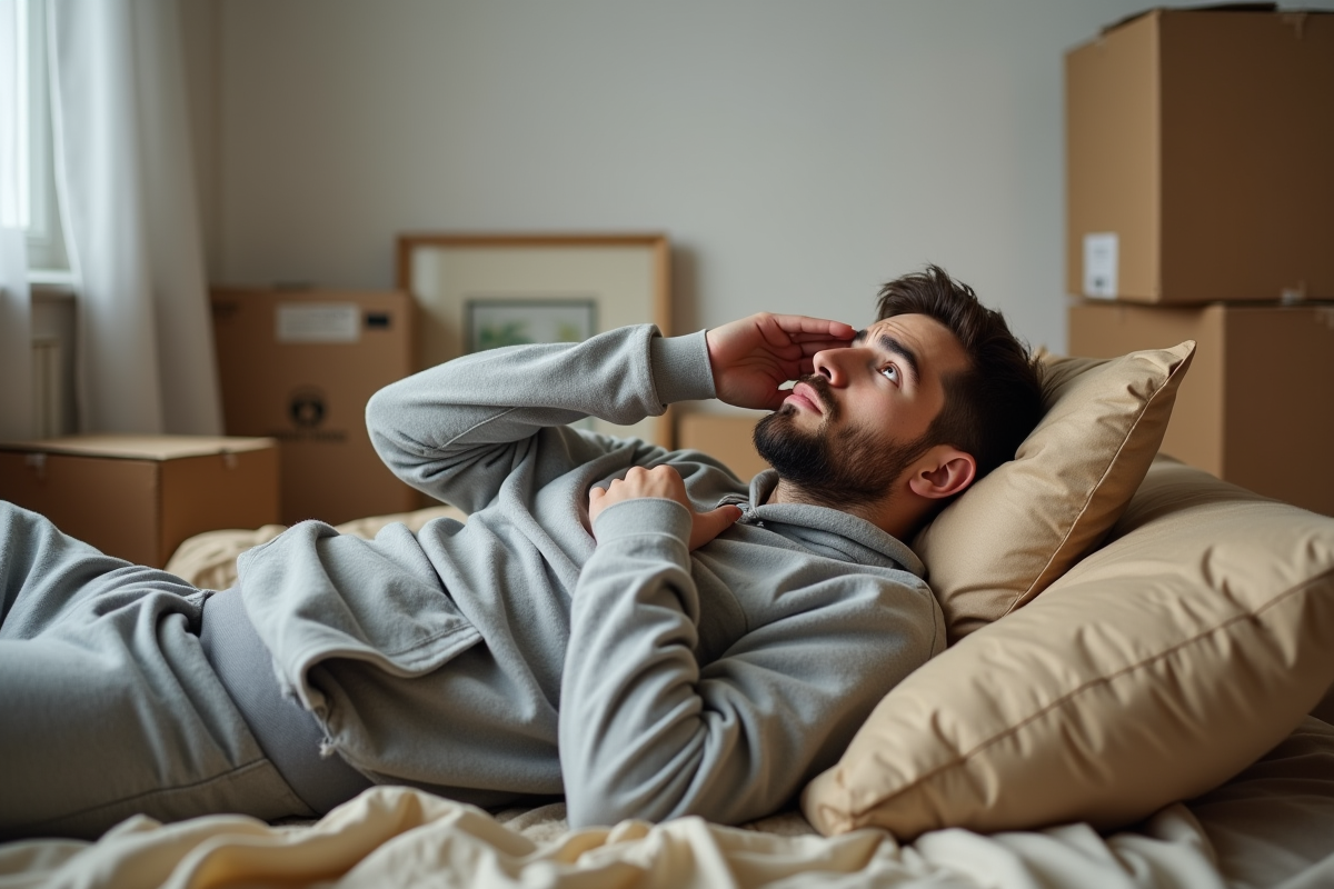 Jeune homme épuisé après déménagement dans l