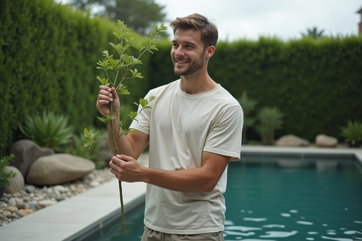 Jeune homme examine une branche au-dessus d’un bassin naturel