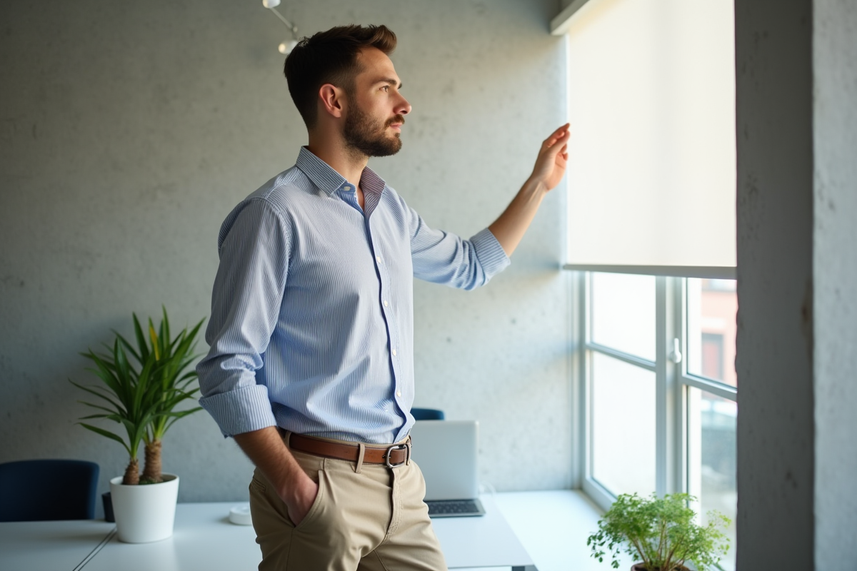 Jeune homme levant un store dans un bureau lumineux