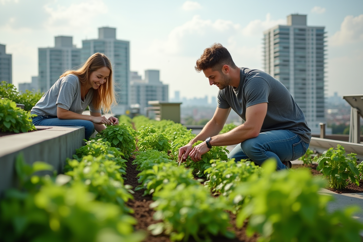 Jeune couple cultivant un jardin sur le toit en ville