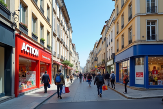 Deux magasins discount modernes dans une rue animée en France