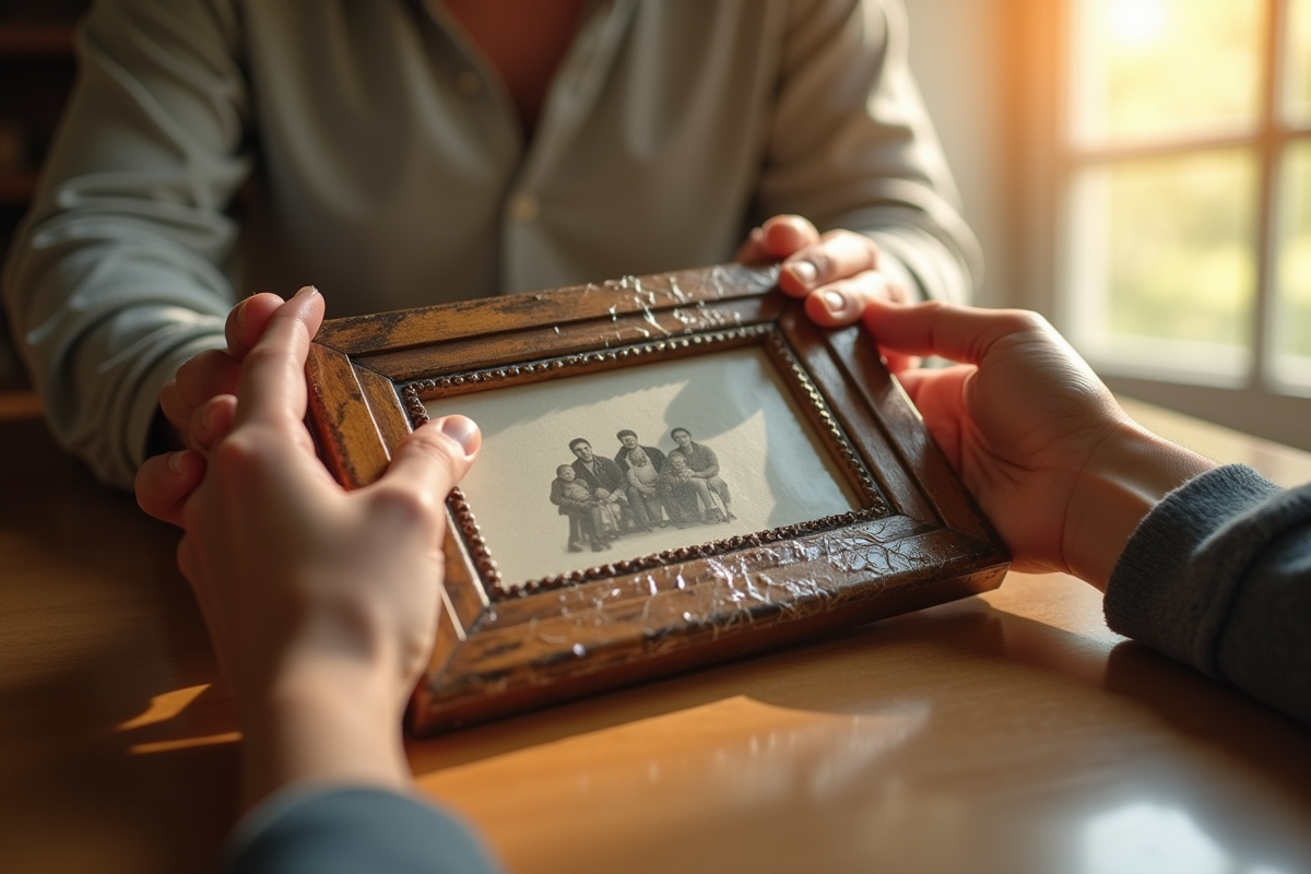 Mains sécurisant un cadre photo ancien avec du papier bulle au soleil