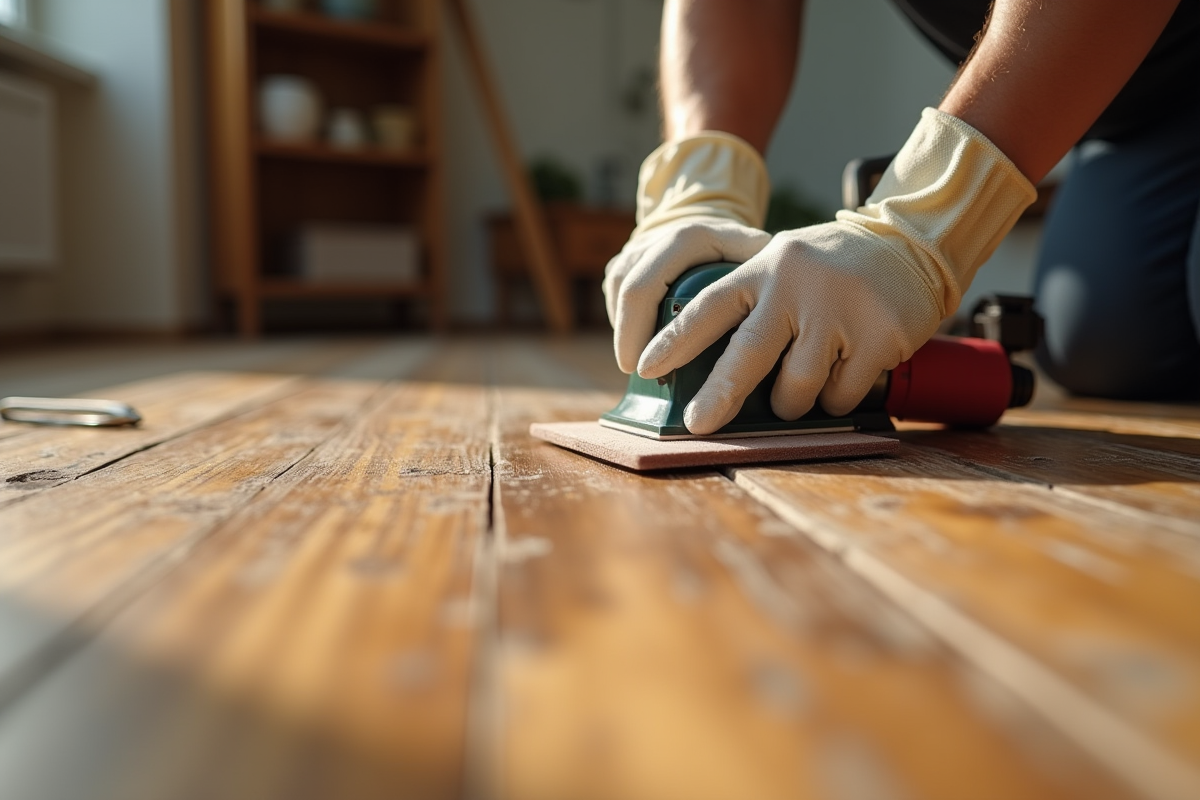 Mains portant des gants sablant un vieux parquet en bois