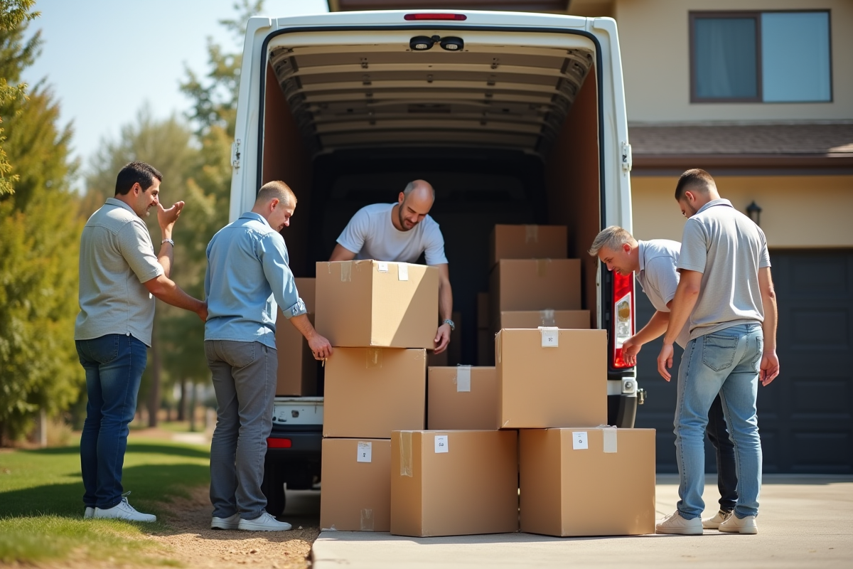 Mains collant des étiquettes sur des cartons de déménagement devant un van