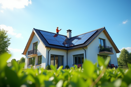 Maison moderne avec panneaux solaires sur le toit sous un ciel bleu
