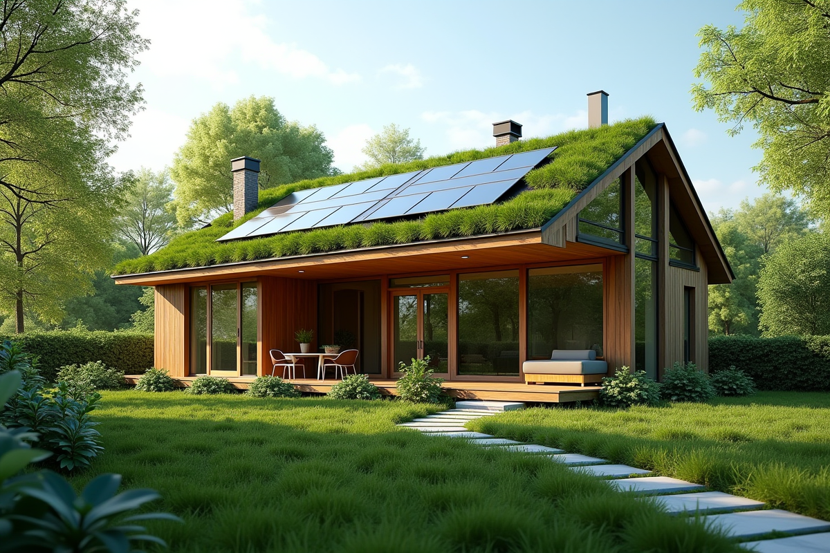 Maison écologique avec toit vert et panneaux solaires