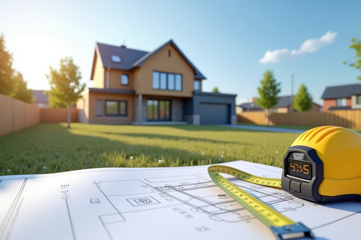 Maison moderne en construction avec plans et mètre en avant