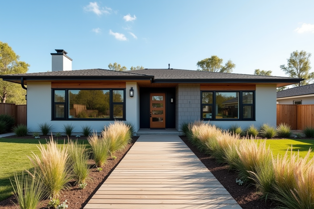 Façade de maison ranch moderne avec grandes fenêtres noires