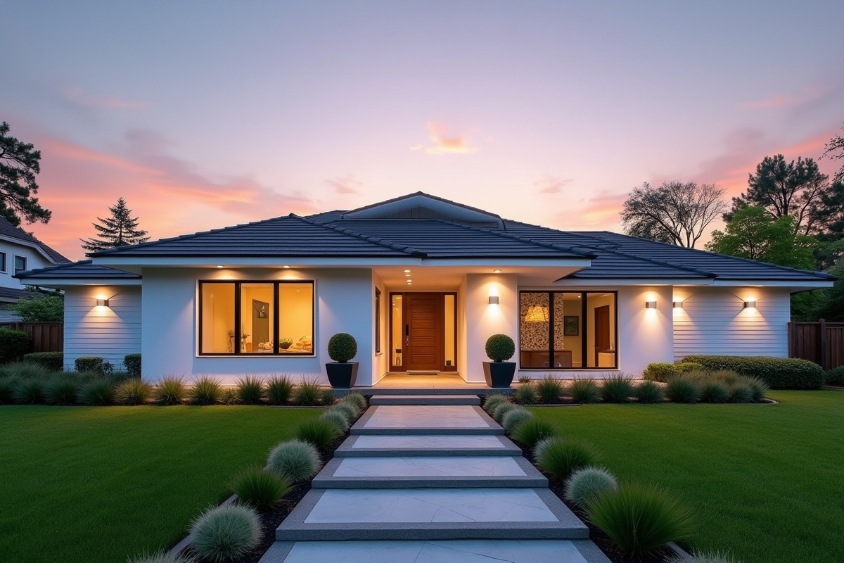Maison ranch rénovée avec façade blanche et éclairage contemporain